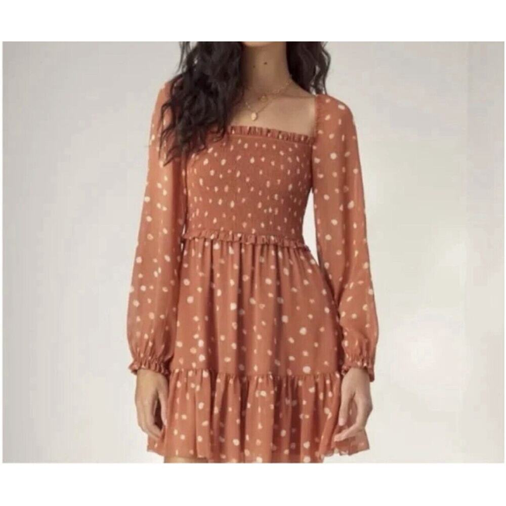 Wilfred Aritzia Womens Tempest Smocked Dress XS Tiered Chiffon Polka Dot Brown‎